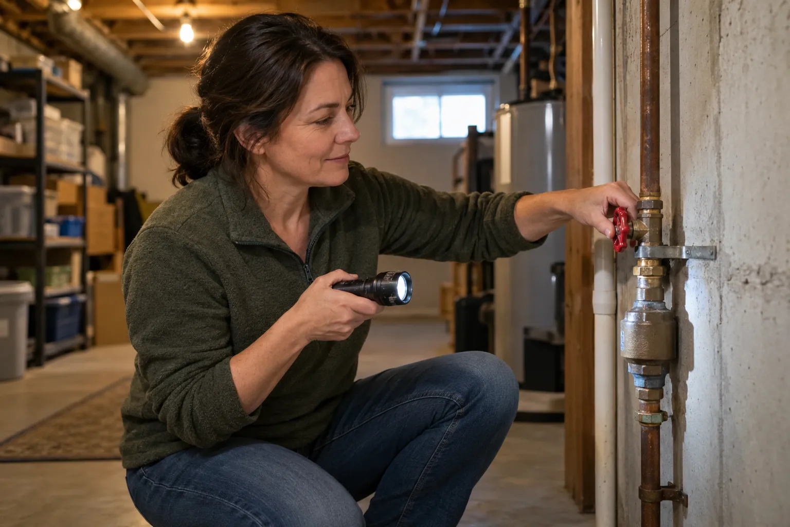 A homeowner in the Wilmington area turning the main water shutoff valve in a basement
